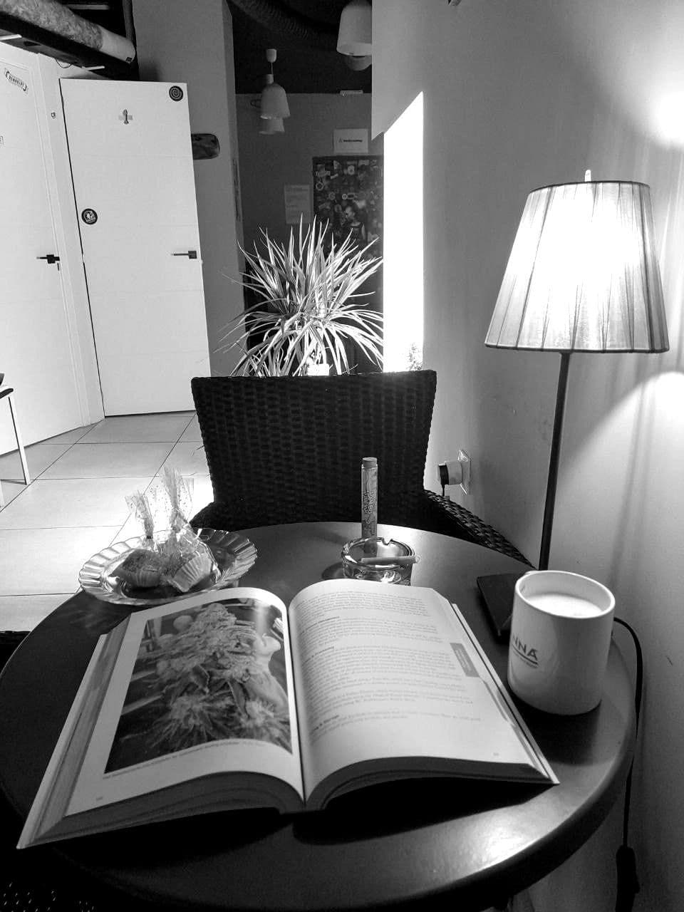 Quiet lounge corner with a cannabis reference book and reading lamp