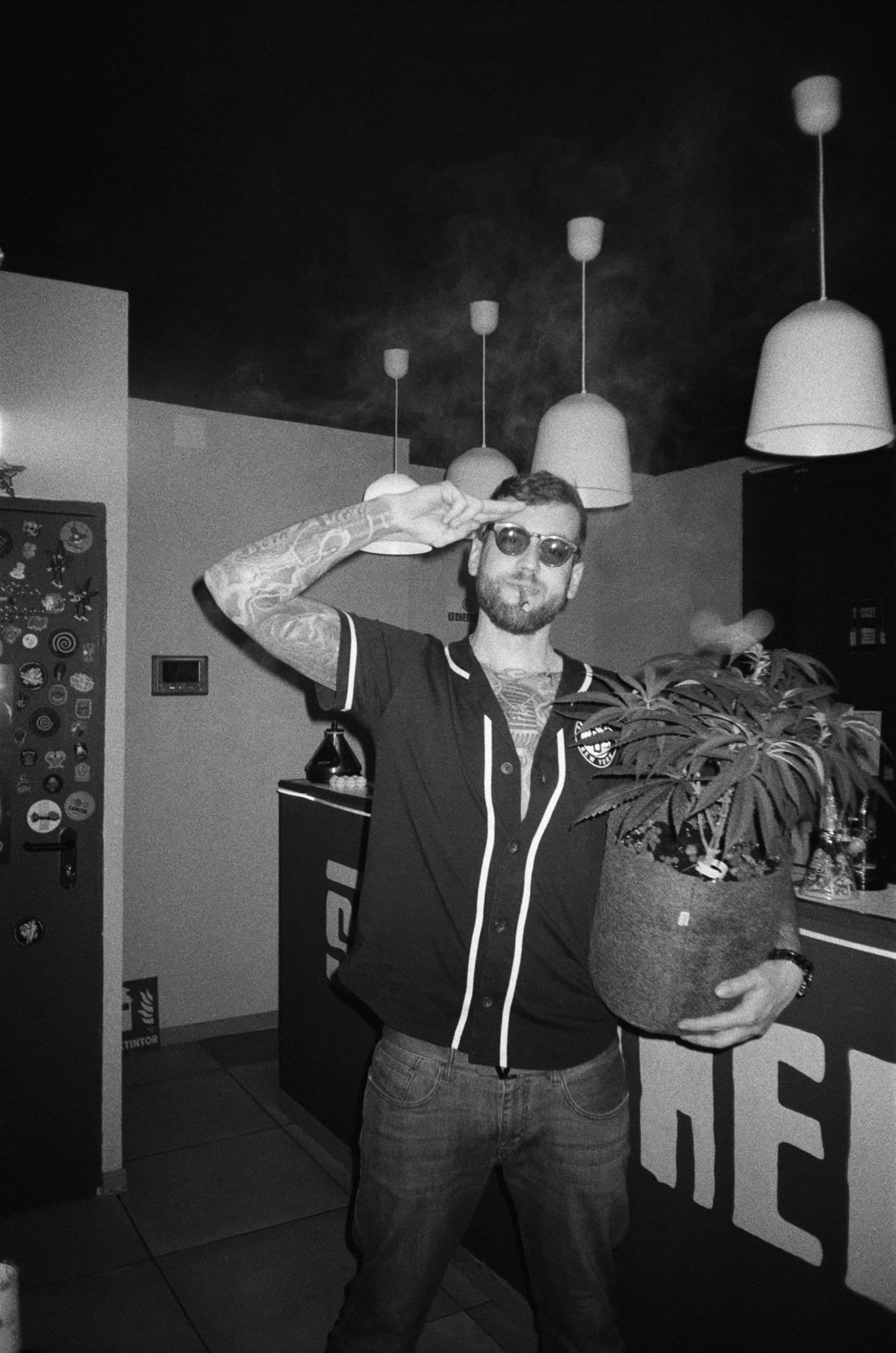 Member holding a potted cannabis plant at the club counter